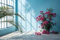 Abstract gradient blue studio background for product presentation. Empty room with shadows of window and flowers and palm leaves. Royalty Free Stock Photo