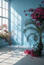 Abstract gradient blue studio background for product presentation. Empty room with shadows of window and flowers and palm leaves. Royalty Free Stock Photo