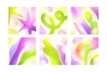 Abstract gradient mesh backgrounds with flowing blur shapes, dynamic fluid. Colored patterns with soft light flares