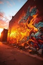 Abstract Graffiti: Vibrant Colors & Intricate Patterns on Urban Brick Wall at Sunset