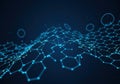 Abstract graphene nanostructure with glowing blue hexagonal connections on dark background Royalty Free Stock Photo