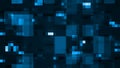 Abstract graphic background of blurred blue blocks in many different sizes on black background