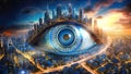 Abstract graphic background - cyber eye in futuristic style on blurred city silhouette