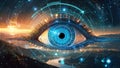 Abstract graphic background - cyber eye in futuristic style on blurred city silhouette on horizon