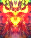 Abstract graphic collage of sacred heart symbol with radiant flames.