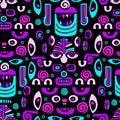 Abstract graphic colored faces seamless pattern. Ancient Inca mask. hand drawing. Not AI . Vector illustration Royalty Free Stock Photo