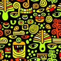 Abstract graphic colored faces seamless pattern. Ancient Inca mask. hand drawing. Not AI . Vector illustration Royalty Free Stock Photo