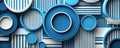 Abstract graphic design with blue and white concentric circles and stripes pattern Royalty Free Stock Photo