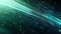 Abstract graphic design shows dynamic data flow. Green, blue light particles, lines move in diagonal direction across dark Royalty Free Stock Photo