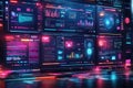 Abstract graphic displays web design concept. Multiple glowing screens show data analysis. Coding elements, graphical tools Royalty Free Stock Photo
