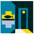 An abstract graphic of a door with a fish over it