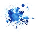 Abstract graphic element. The splattered spot is saturated with blue paint. Blot on a white background. Watercolor ink stain. A Royalty Free Stock Photo