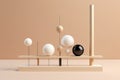 Abstract graphic formed by geometric shapes. Minimalist design evokes balance. White circles, black ball balancing on a wooden