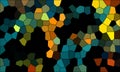 Abstract graphic mosaic consists of blue orange brown green polygons.