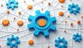 Abstract graphic shows interconnected gears, nodes representing system process, tech integration. Blue, orange elements connect Royalty Free Stock Photo