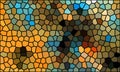 Abstract graphic stained glass consists of blue orange brown polygons.