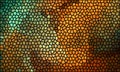 Abstract graphic stained glass consists of green orange brown polygons.