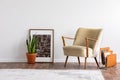 Abstract graphic in wooden frame next to green plant in ceramic pot and elegant beige armchair and orange magazine rack, real Royalty Free Stock Photo