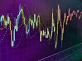 Abstract graphs and statistics in a modern city sky. Candlestick graph focus gap on graph,Business and financial concept. Business