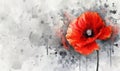 Abstract gray watercolor paint splash with red painted poppy. Lest we forget. Remembrance day or Anzac day symbol. With copyspace