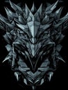 Abstract grayscale digital art depicting a stylized, geometric dragon head