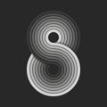 Abstract grayscale number eight logo with concentric circular lines forming an infinity loops shape, gray gradient shading, and
