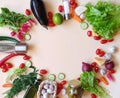 Vegetables and fruits paprika green olive sweet pepper salad onion cucumber carrots salt parsley garlic Royalty Free Stock Photo