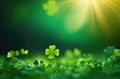 abstract green background, background with clover leaves, golden glow, place for text, bokeh effect, sun rays,