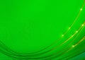 Abstract green background with scabrous texture and convex circles and covered thin curved Golden intersecting stripes with highl