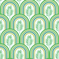 Abstract Green and Blue geometric Rainbows with tropical leaves seamless pattern.