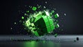 Abstract green cube exploding into particles on a dark background, 3D render. Royalty Free Stock Photo