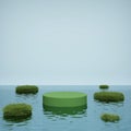 Abstract green cylindrical podium on water surface 3D render illustration