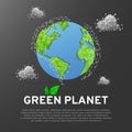 Abstract green 3D planet Earth with clouds, blue ocean on gray background. Low poly wireframe, polygonal vector Royalty Free Stock Photo