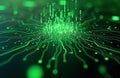 Abstract green digital circuit board. Futuristic tech background. Data streams glow. Binary code flows. Modern AI concept. Royalty Free Stock Photo