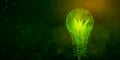 Abstract green energy concept with glowing low polygonal lightbulb and green sprout on dark green background. Carbon neutrality,