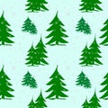 Abstract green fir trees on snow with silver snowflakes Royalty Free Stock Photo