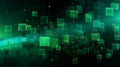 Abstract green floating square shapes on dark gradient background