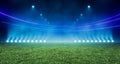 Abstract green football pitch stadium background illuminated by textured green pitch ground. Science, product and sports