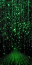 Abstract Green Glittering Light Trails Resembling Lines of Code Falling In Black Void Royalty Free Stock Photo
