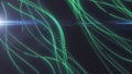 Abstract green glowing particle waves forming flowing dotted lines on a dark background, symbolizing data streams Royalty Free Stock Photo