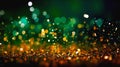 Abstract green and gold shiny Christmas background with glitter and confetti. Holiday bright emerald blurred backdrop