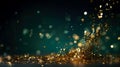 Abstract green and gold shiny Christmas background with glitter and confetti. Holiday bright emerald blurred backdrop Royalty Free Stock Photo