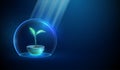 Abstract green growing plant in pot inside glass dome and sun beams Nature protection and smart farming concept Low poly