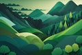 Abstract Green Landscape Wallpaper Background - Illustration Design of Hills and Mountains. Organic Green Environment, Ecology