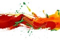 Abstract green and orange paint stroke on white background, illustration, texture design. Royalty Free Stock Photo
