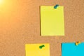 Abstract green, orange, yellow paper note pin on cork board. Blank notes for add text message or design website. sticker Royalty Free Stock Photo