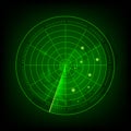Abstract green radar with targets in action. Military search system