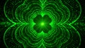 Abstract Green Shiny Four Leafed Clover Shape Glitter Sparkle Lines Saint Patrick`s Day Tunnel View With Light Beam Background