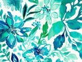 Abstract green teal bloom floral pattern background. Painting blossom garden flowers and leaf. Generative AI Royalty Free Stock Photo