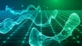 Abstract Green and Teal Wavy Lines Flowing Over a Digital Grid with Glowing Particles background Royalty Free Stock Photo